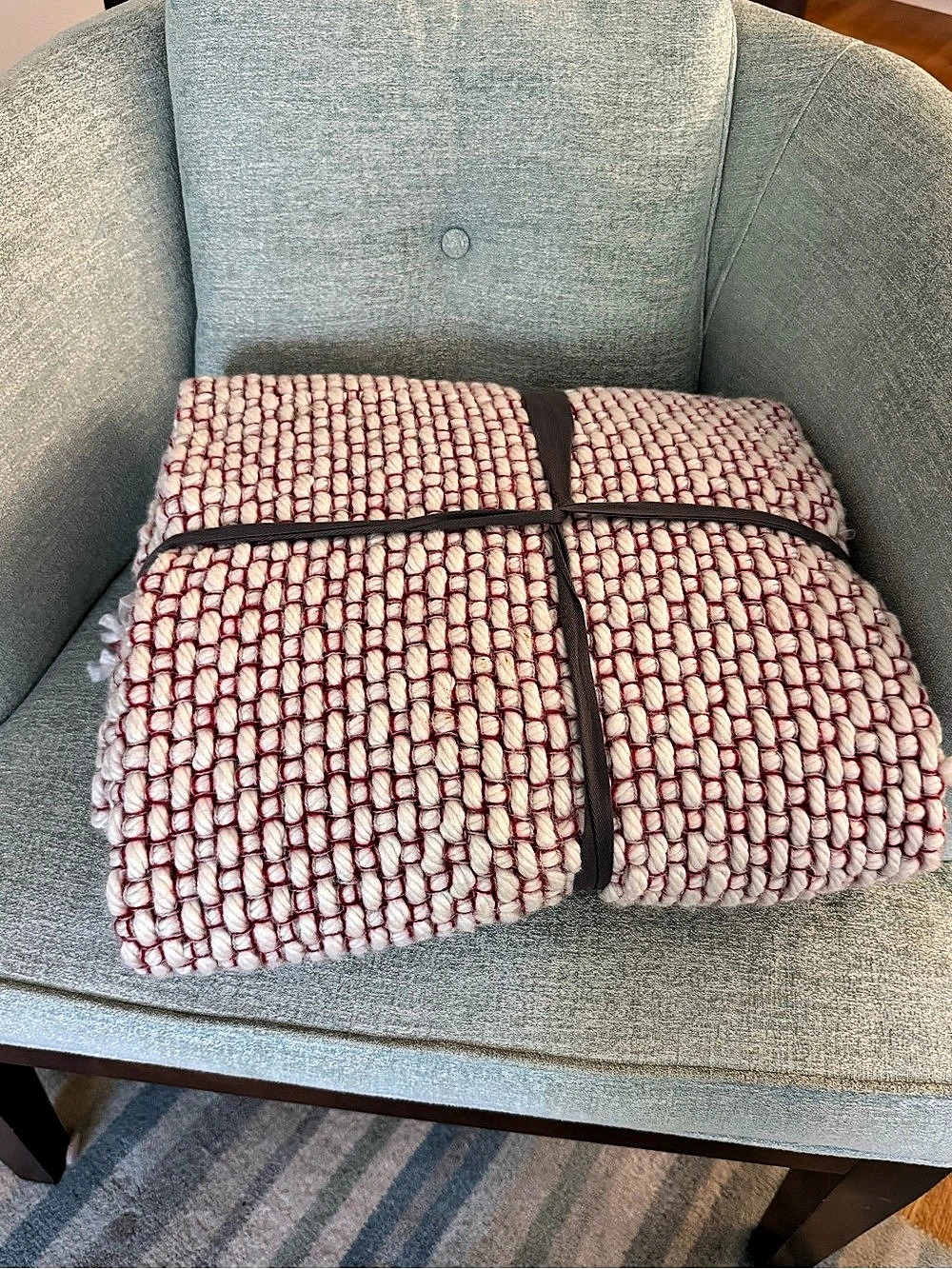 West Elm Chunky Two-Tone Handwoven Throw White & Red tassel fringe